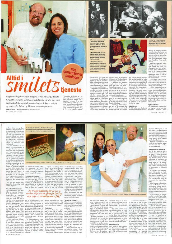 Tannlege Alstad i avisutklipp fra avisen "Familien" i 2013, som handler om hvordan vi har flere generasjoner med tannleger i familien.